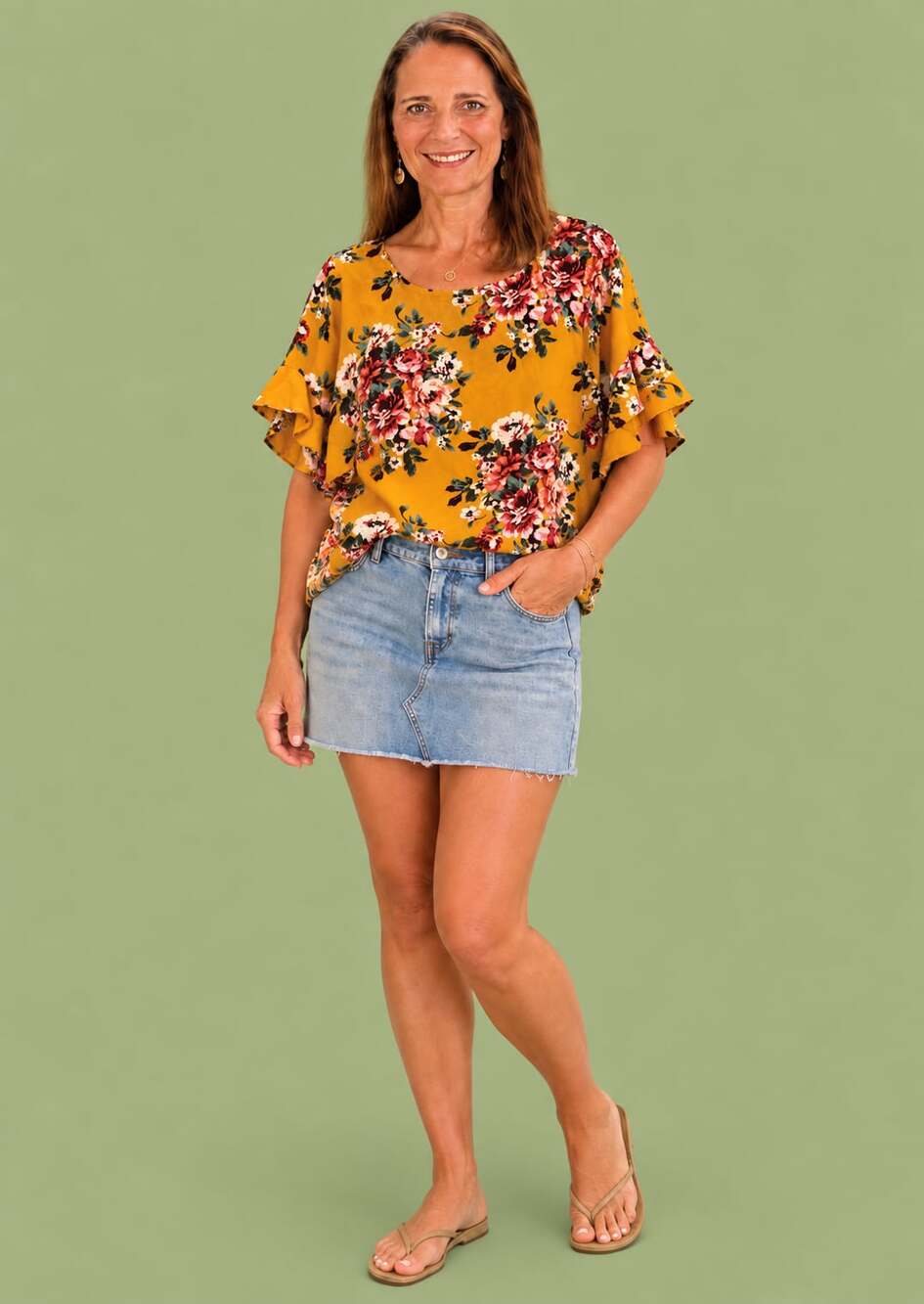 Umgee Floral Blouse Size M Mustard Yellow Ruffle Sleeve Top